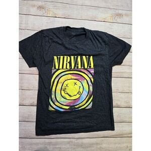 Nirvana T-Shirt Women's Medium Gray Alternative Rock Music Band Logo Happy Face‎